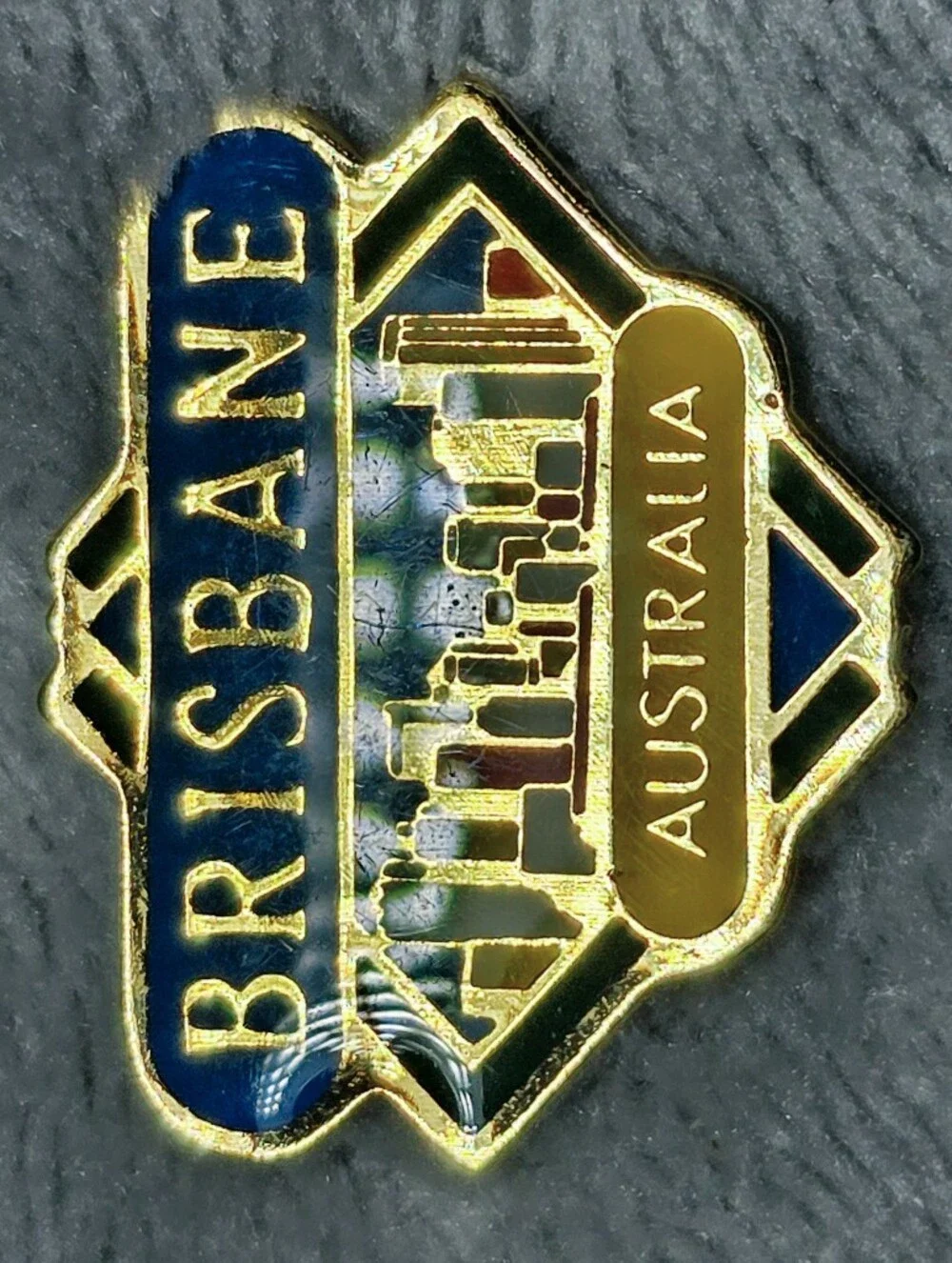 Coming Soon Vintage Brisbane Australia Skyline Enamel Lapel Pin Nu-Color-Vue